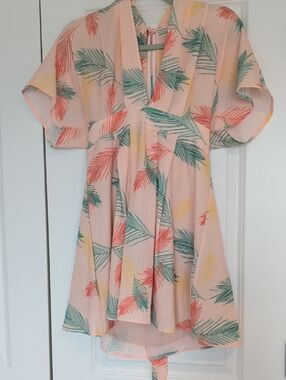 Peach Palm-Print V-Neck Mini Dress